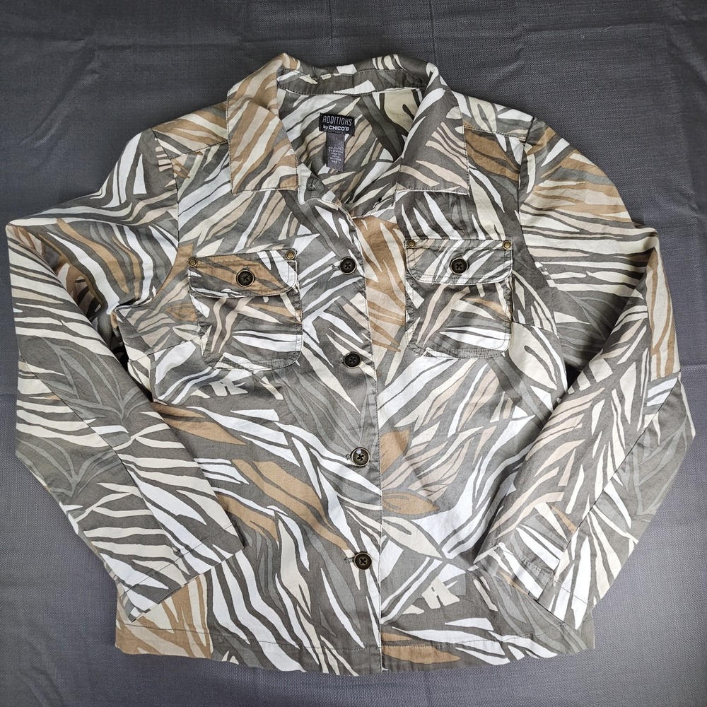 Additions by Chico's Womens Size 1 Olive Tan Abstract Leaf Print Button Jacket